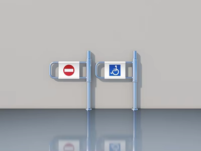 Metal Swing Door With Prohibition And Barrier Free Signs On Metal Brackets Gray Wall 3d model