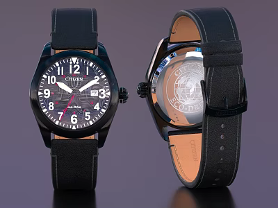 Black Dial Leather Strap Military Watches Front And Back Views 3d model