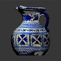 Blue and White Vase with Colorful Floral Geometric Patterns Irregular Rim on Black Background Reflection