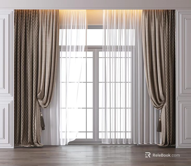Elegant Double Layer Curtains With Brown Drapes And White Sheer For Home Window 3d model 