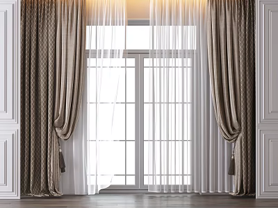 Elegant Double Layer Curtains With Brown Drapes And White Sheer For Home Window 3d model