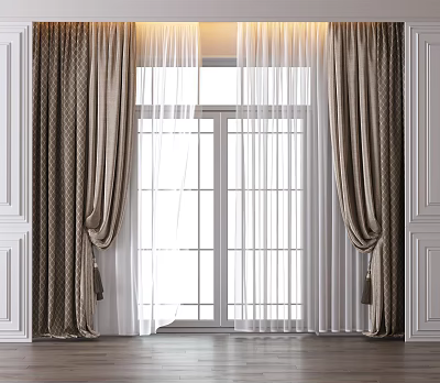 Elegant Double Layer Curtains With Brown Drapes And White Sheer For Home Window 3d model