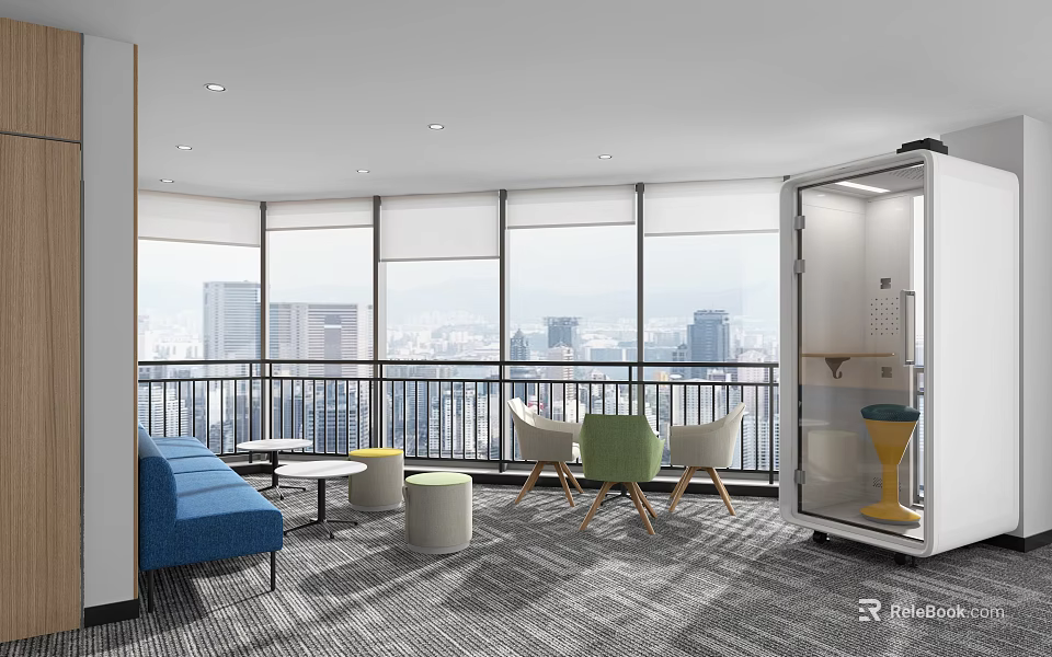 Modern Lounge Area Interior With Blue Sofa Green Chairs Large Windows And City View 3d model 