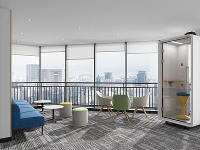 Modern Lounge Area Interior With Blue Sofa Green Chairs Large Windows And City View 3d model