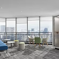 Modern Lounge Area Interior With Blue Sofa Green Chairs Large Windows And City View