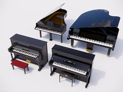 Various Styles Of Acoustic Pianos In Black And Brown With Matching Benches For Home Use 3d model