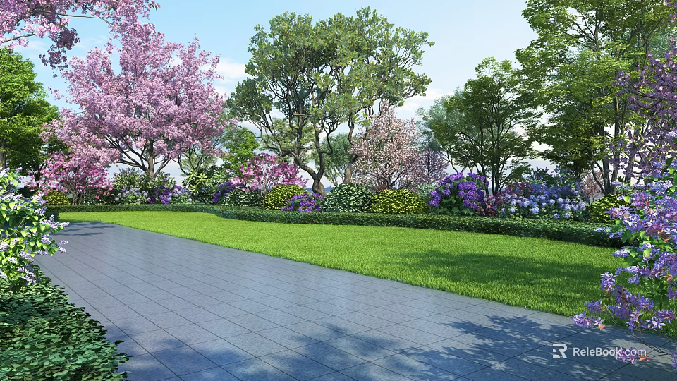Garden Landscape Design Featuring Stone Pathway Green Lawn Pink Cherry Blossoms And Purple Flowers 3d model 
