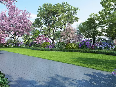 Garden Landscape Design Featuring Stone Pathway Green Lawn Pink Cherry Blossoms And Purple Flowers 3d model