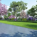 Garden Landscape Design Featuring Stone Pathway Green Lawn Pink Cherry Blossoms And Purple Flowers
