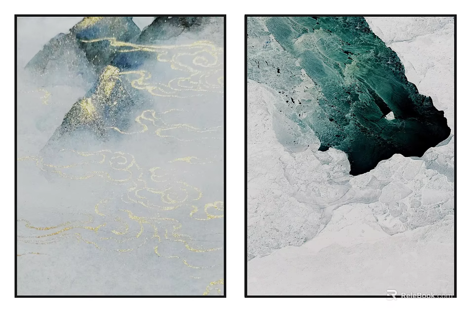 Abstract Decorative Paintings With Golden Lines Cloud Patterns And Deep Green Textures 3d model