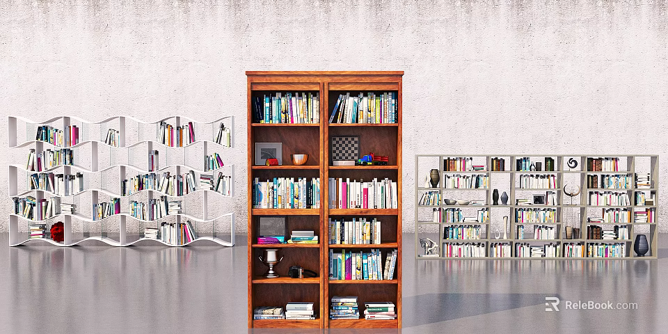 Brown Wooden Bookcase Filled With Books And Decorative Items In Various Styles 3d model 