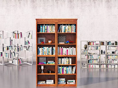 Brown Wooden Bookcase Filled With Books And Decorative Items In Various Styles 3d model