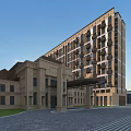 Modern Residential Building Exterior With Brick Facade Balconies Green Lawn And Clear Sky