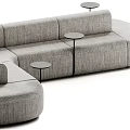 Modern Gray Fabric Sectional Sofa With Curved Modular Design And Small Round Side Tables