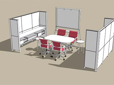 Modern Office Conference Table With Red Chairs White Partitions And Whiteboard 3d model