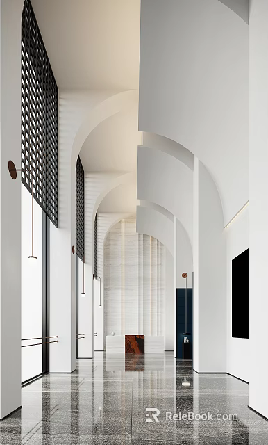 Modern Hotel Lobby Interior Design With Arched Structures White Walls And Stylish Lighting 3d model 