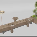 Wooden Outdoor Leisure Chair With Small Round Tables Coffee Sign And Potted Plant