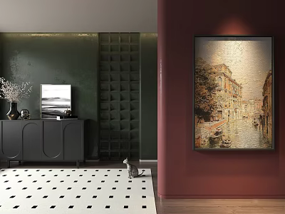 Elegant Living Room Interior Dark Green Red Walls Black Cabinet Vase Cat Checkered Floor 3d model