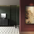 Elegant Living Room Interior Dark Green Red Walls Black Cabinet Vase Cat Checkered Floor