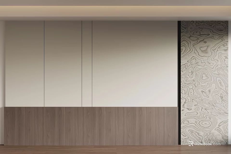 Modern Bedroom Accent Wall with White Panels Wooden Base and Right Side Patterned Decoration 3d model 