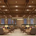 Spacious Modern Restaurant Interior With Wooden Ceiling Lighting Fixtures Dining Counters And Marble Walls