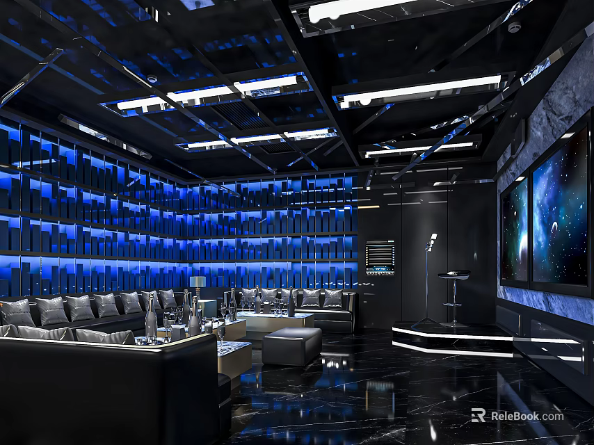 Modern KTV Lounge With Blue Lighting Black Decor Comfortable Sofas And Large Screens 3d model 