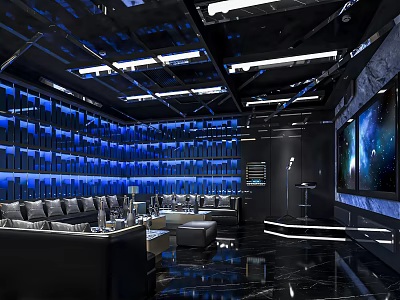 Modern KTV Lounge With Blue Lighting Black Decor Comfortable Sofas And Large Screens 3d model