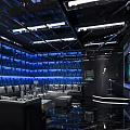 Modern KTV Lounge With Blue Lighting Black Decor Comfortable Sofas And Large Screens
