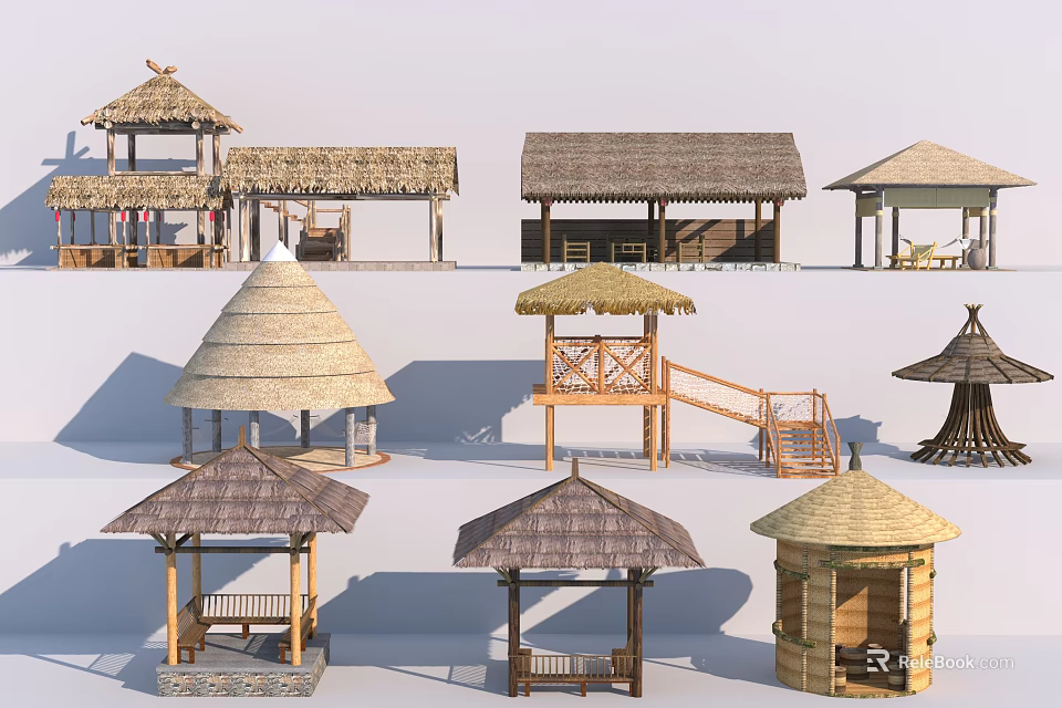 Various Thatched Roof Outdoor Pavilions And Huts With Different Designs And Wooden Structures 3d model 