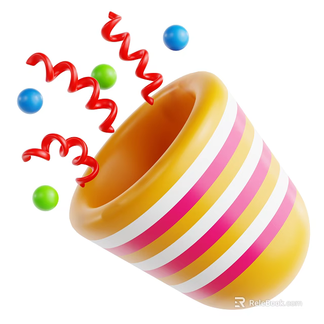 Playful Decorative Ornament Set Featuring Yellow Striped Cup Red Spiral Decorations And Colorful Balls 3d model 