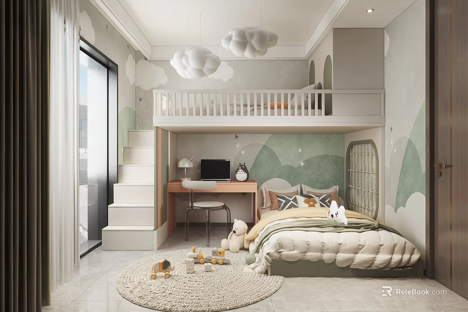 Hotel Guest Room With Bunk Bed Staircase Desk Cloud Pendant Lights Green Wallpaper And Rug 3d model 