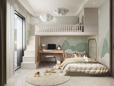 Hotel Guest Room With Bunk Bed Staircase Desk Cloud Pendant Lights Green Wallpaper And Rug 3d model