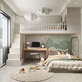 Hotel Guest Room With Bunk Bed Staircase Desk Cloud Pendant Lights Green Wallpaper And Rug