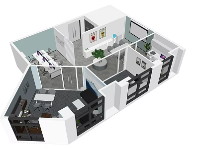 Modern Apartment Interior With Open Layout Living Room Dining Kitchen Decorative Plants And Wall Art 3d model