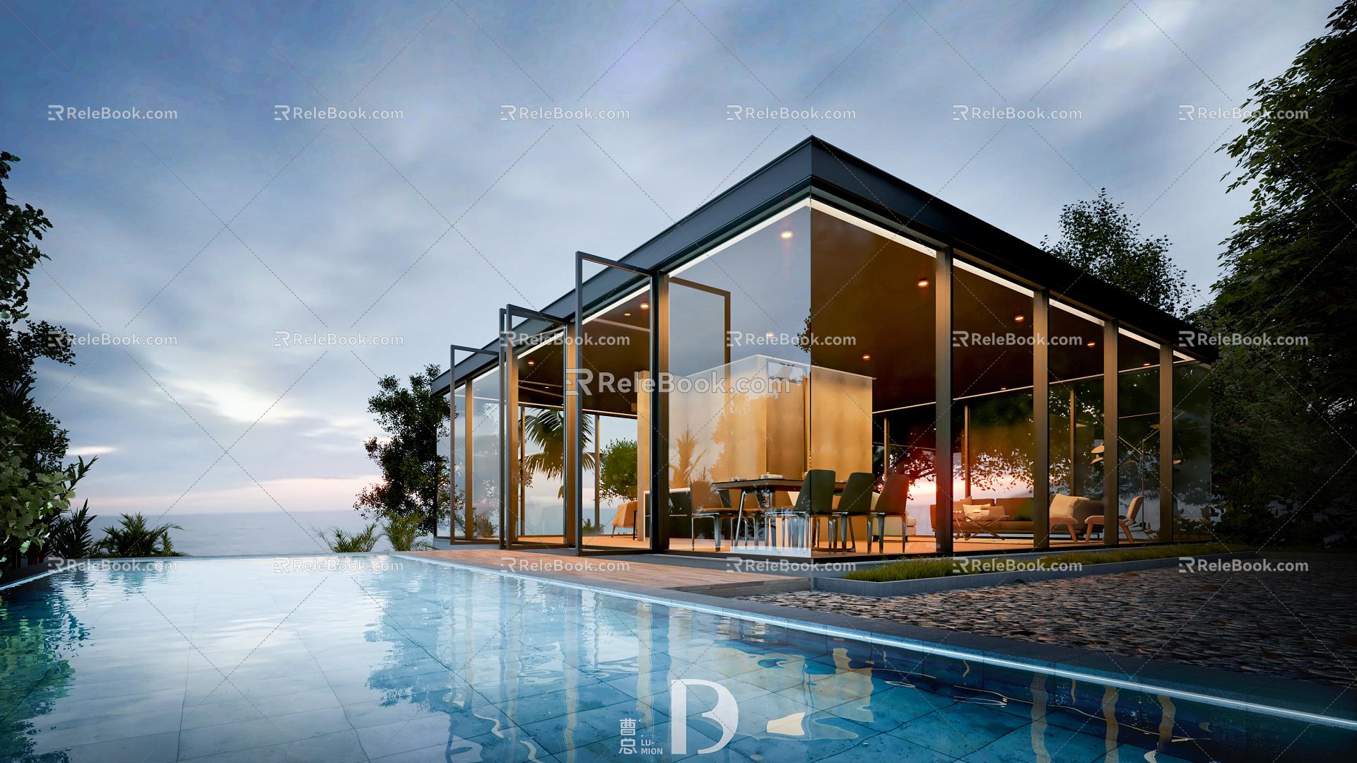 Modern Villa Waterfront Twilight Villa Architecture 3d model