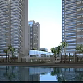 Modern Sales Office Building With High Rise Buildings Waterfront Reflection And Palm Trees