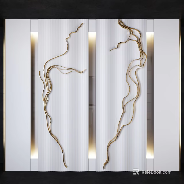 Modern White Background Wall With Golden Curved Lines And Light Strips 3d model 