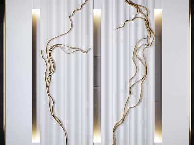Modern White Background Wall With Golden Curved Lines And Light Strips 3d model