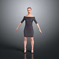 Woman Wearing Dark Off Shoulder Fitted Dress Standing Against Gray Background With High Heels