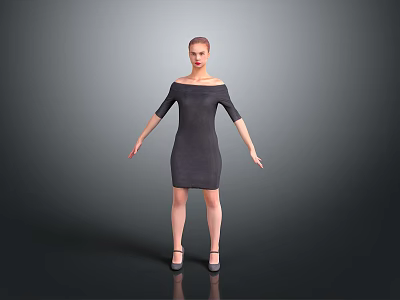 Woman Wearing Dark Off Shoulder Fitted Dress Standing Against Gray Background With High Heels 3d model