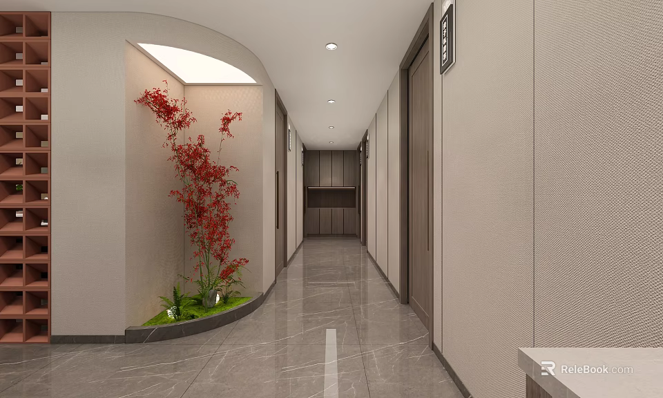 Modern Hotel Corridor With Curved Wall Red Flowering Plant Recessed Lighting And Gray Tiled Floor 3d model 