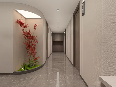 Modern Hotel Corridor With Curved Wall Red Flowering Plant Recessed Lighting And Gray Tiled Floor 3d model