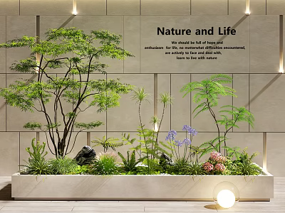 Lush Indoor Landscape Design With Green Plants Tree Ferns Flowers And Stone Wall 3d model