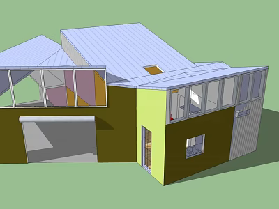 Modern Residential Building 3D Model With Yellow Walls Large Glass Windows Sloped Roof And Skylight 3d model