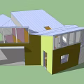 Modern Residential Building 3D Model With Yellow Walls Large Glass Windows Sloped Roof And Skylight