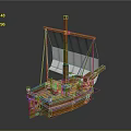 Detailed Wooden Ship Model With White Sails Wooden Mast And Rope Details Design