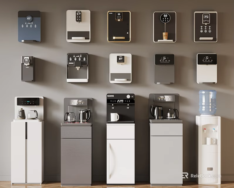 Various Water Dispenser Models Featuring Wall Mounted and Floor Standing Designs 3d model