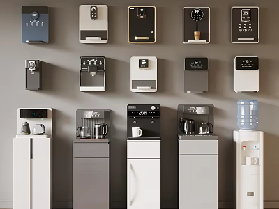 Various Water Dispenser Models Featuring Wall Mounted and Floor Standing Designs 3d model