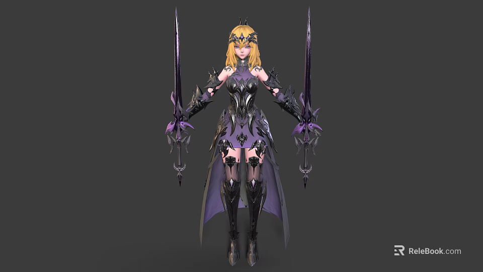 Golden Haired Warrior In Black Purple Armor With Twin Swords And Mythical Creature Accents 3d model 
