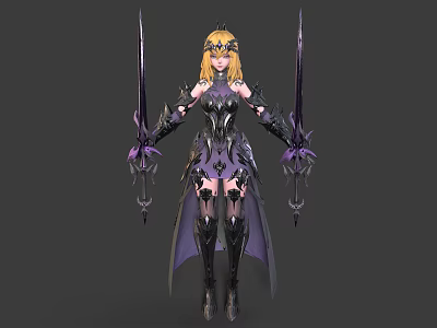 Golden Haired Warrior In Black Purple Armor With Twin Swords And Mythical Creature Accents 3d model